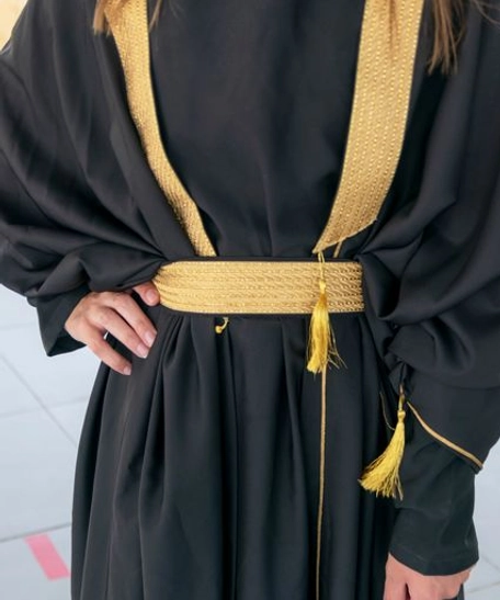 Stylish Long Black Cardigan with Gold Belt and Luxurious Gold Detailing in Arabic Abaya Style