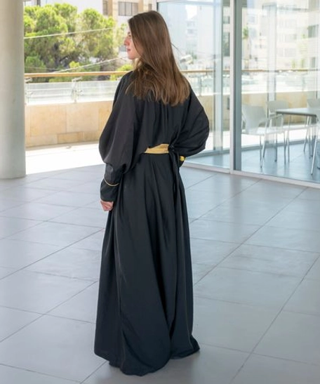 Stylish Long Black Cardigan with Gold Belt and Luxurious Gold Detailing in Arabic Abaya Style