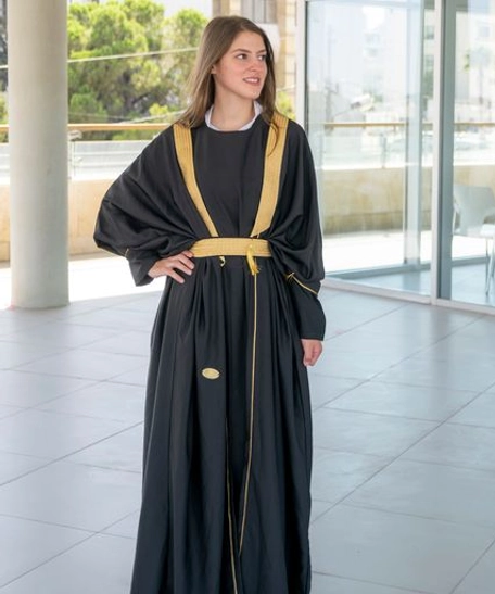 Stylish Long Black Cardigan with Gold Belt and Luxurious Gold Detailing in Arabic Abaya Style