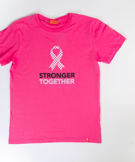 Pink T-Shirt with a Ribbon Design and the Word (Stronger Together) to Support Breast Cancer Patients