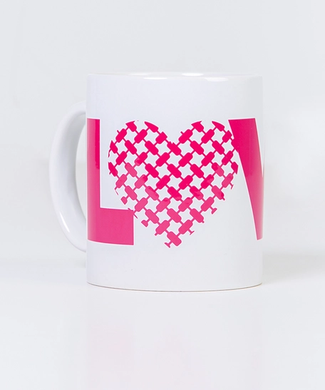 Love-themed White Cup with Pink Decor and Jordanian Shemagh Heart Engraving