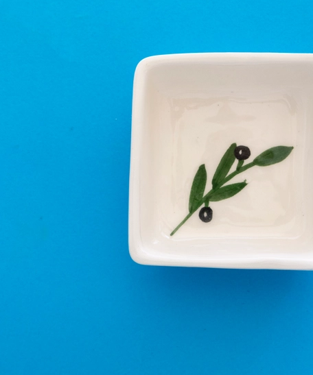 White Square Ceramic Dish for Serving Nuts - Decorated with A Hand-Drawn Olive Branch