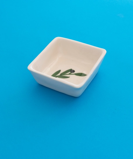 White Square Ceramic Dish for Serving Nuts - Decorated with A Hand-Drawn Olive Branch