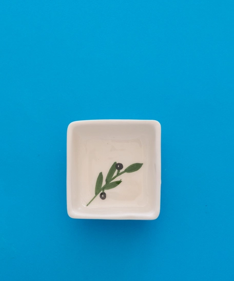 White Square Ceramic Dish for Serving Nuts - Decorated with A Hand-Drawn Olive Branch