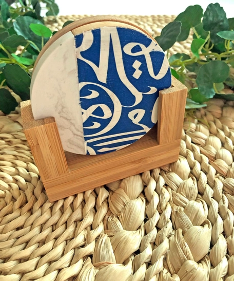 Two-Piece Blue Coaster Set with Wooden Base - Decorated with Arabic Calligraphy