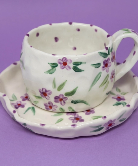 Classy Purple Ceramic Set with Natural Rose Motif   - Set of Mug and Plate