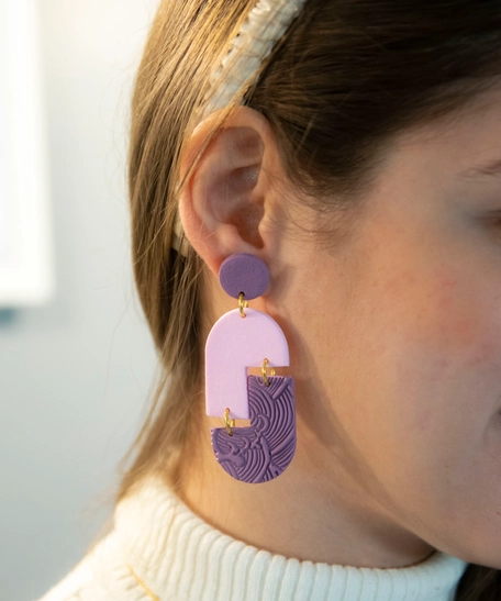 Texture Dangling Clay Earrings - Available in Two Colors - Purple