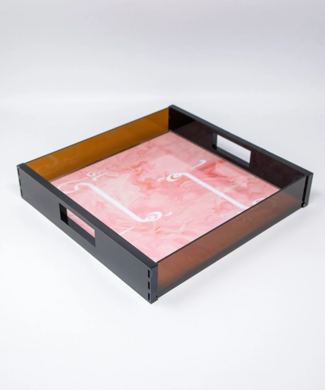 Pink Square Acrylic Serving Tray Adorned with Arabic Calligraphy