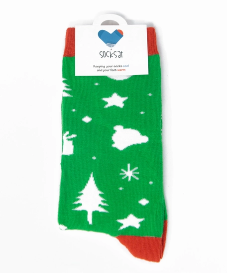 Winter Vibes Socks - Green Socks with Christmas Decorations  - For Women