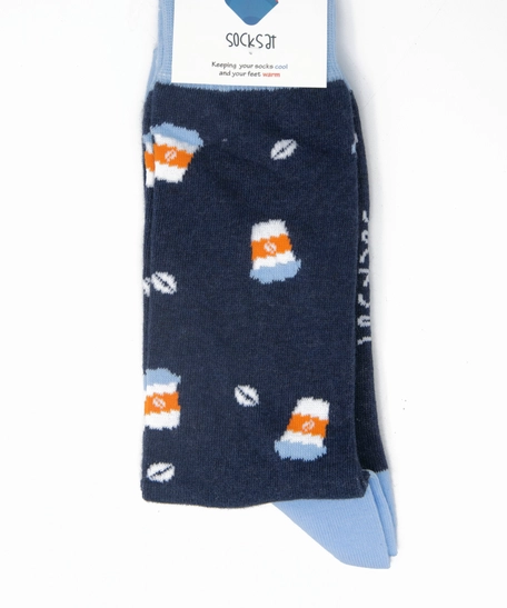  Coffee Cups Socks - Navy Blue Socks with Coffee Cup Drawings - For Men