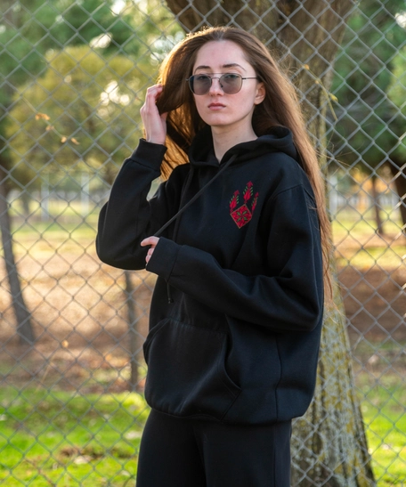 Black Hoodie adorned with Red Hand-Embroidery - Available in Three Sizes