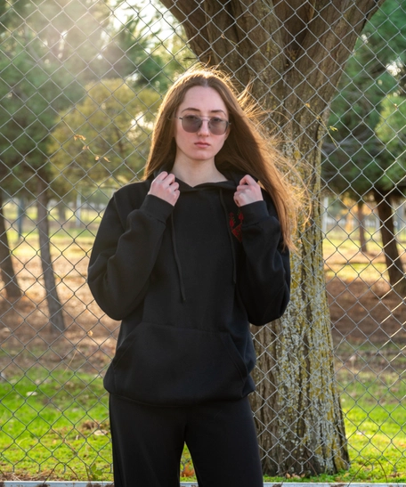 Black Hoodie adorned with Red Hand-Embroidery - Available in Three Sizes