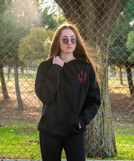 Black Hoodie adorned with Red Hand-Embroidery - Available in Three Sizes