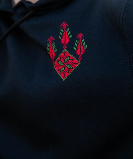 Black Hoodie adorned with Red Hand-Embroidery - Available in Three Sizes