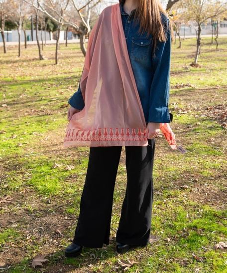 Soft Apricot Shawl Adorned with Elegant Details of Hand Embroidery