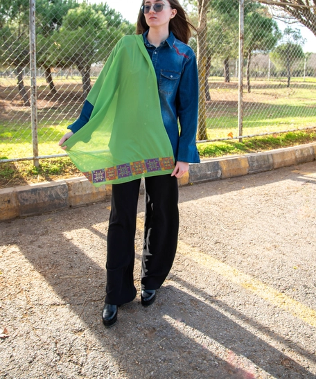 Dark Green Shawl Decorated with Geometric Patterns of Hand Embroidery