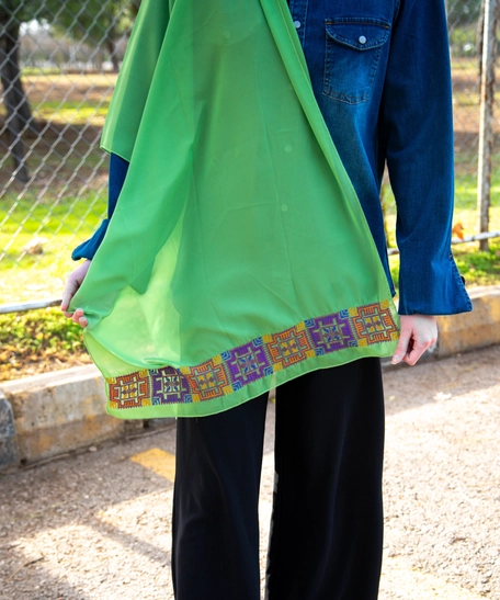 Dark Green Shawl Decorated with Geometric Patterns of Hand Embroidery