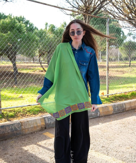 Dark Green Shawl Decorated with Geometric Patterns of Hand Embroidery