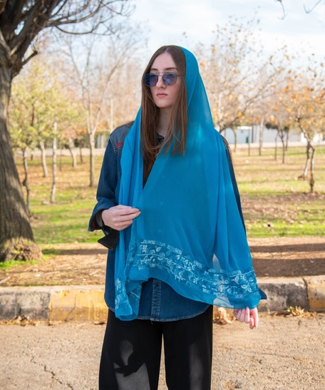 Unique Heritage Accessories: A Blue Head Shawl with Peasant Hand Embroidery