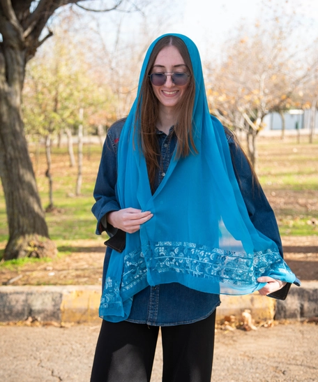 Unique Heritage Accessories: A Blue Head Shawl with Peasant Hand Embroidery