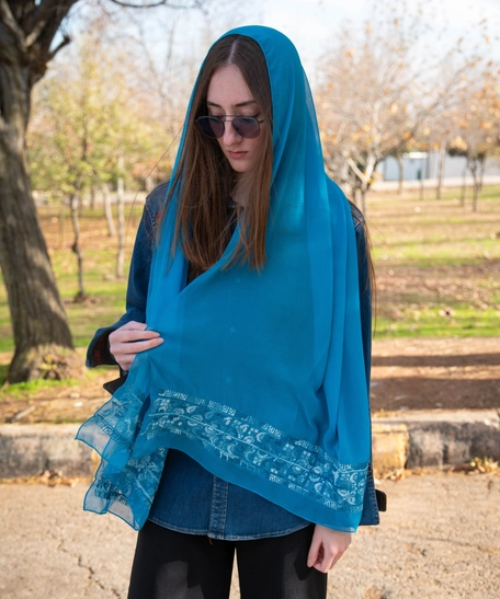 Unique Heritage Accessories: A Blue Head Shawl with Peasant Hand Embroidery