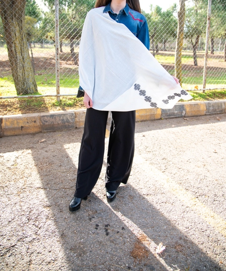 Wide White Scarf Decorated on the Edges with Black Embroidery Patterns