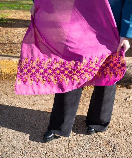 Wide Fuchsia Shawl Decorated with Yellow Peasant Embroidery