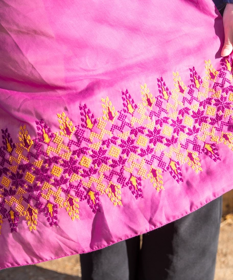 Wide Fuchsia Shawl Decorated with Yellow Peasant Embroidery