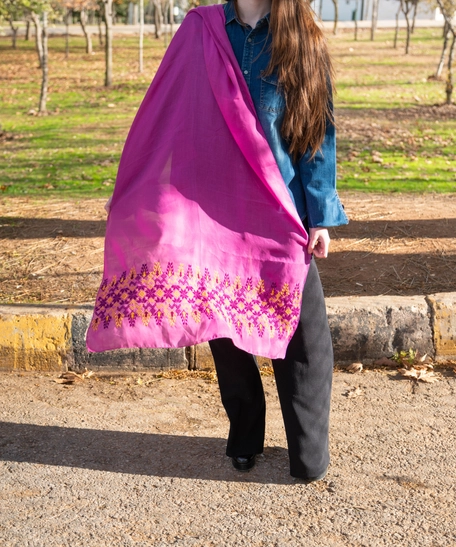 Wide Fuchsia Shawl Decorated with Yellow Peasant Embroidery