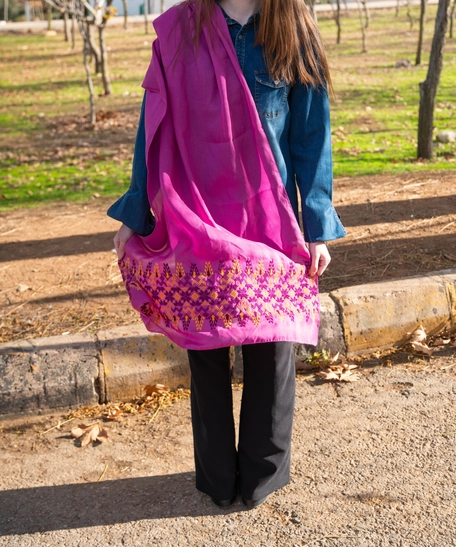 Wide Fuchsia Shawl Decorated with Yellow Peasant Embroidery