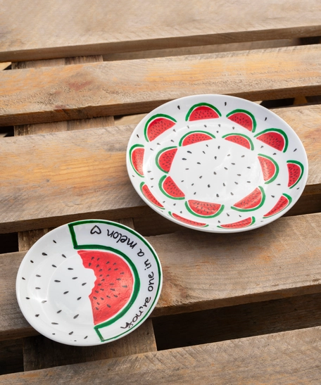 Watermelon Plates Set: Hand-Painted White Plate with Watermelon Design - 2 Pieces