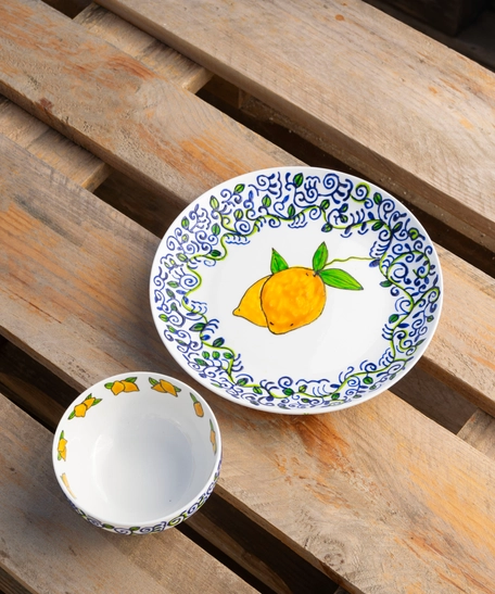 Lemon Platter Set: Hand-Painted Lemon-Themed Plate and Bowl