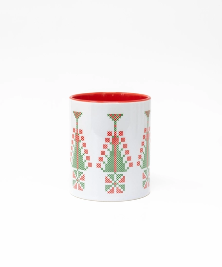 Christmas Mug: White & Red Mug with Christmas Tree and Heritage Ornament Print