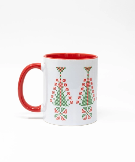 Christmas Mug: White & Red Mug with Christmas Tree and Heritage Ornament Print