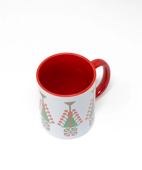 Christmas Mug: White & Red Mug with Christmas Tree and Heritage Ornament Print