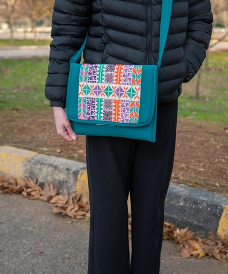 Large Fabric Crossbody Bag with Elegant Heritage Embroidery  - Green