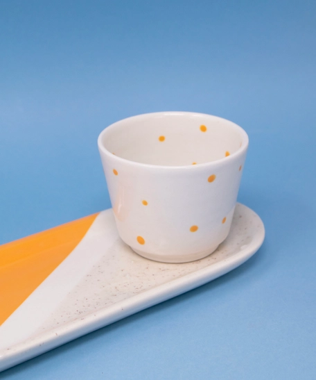 Ceramic Coffee Cup set with Cylindrical Saucer in White and Orange Color ​