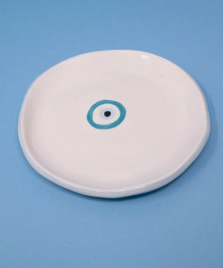 Handmade White Round Jewelry Dish with Blue Bead Design