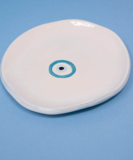 Handmade White Round Jewelry Dish with Blue Bead Design