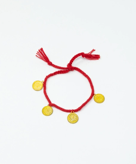 Adjustable Red Rope Bracelet Adorned with Gold Liras