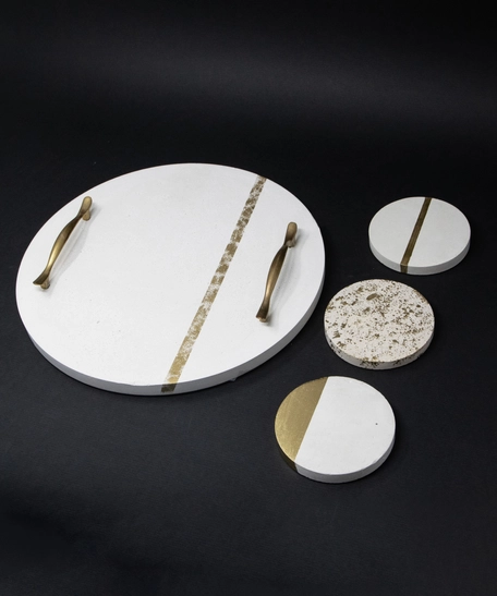 Luxurious Concrete Serving Set: Circular Serving Tray with White & Gold Coasters