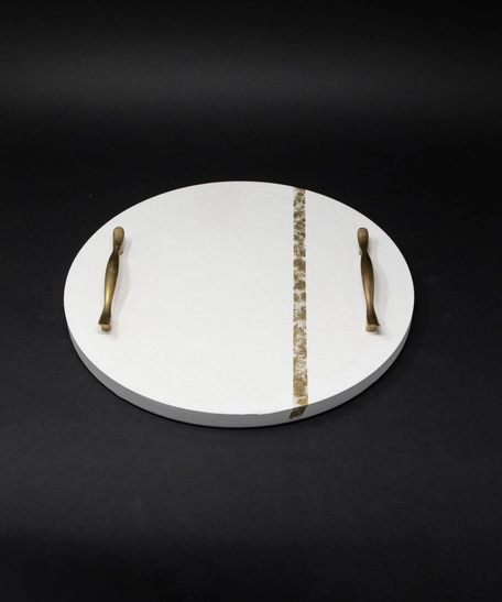 Luxurious Concrete Serving Set: Circular Serving Tray with White & Gold Coasters