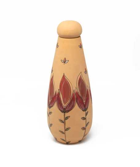 Pottery Bottle with a Water Cup Adorned with Red Flowers Drawings - 1.5 Liters