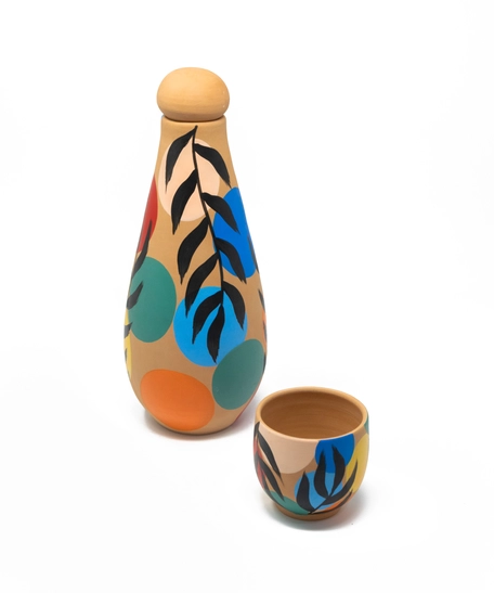 Pottery Water Bottle with Cup - Adorned with Colorful Details - 1.5-liter