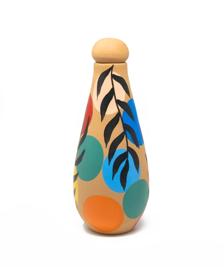 Pottery Water Bottle with Cup - Adorned with Colorful Details - 1.5-liter