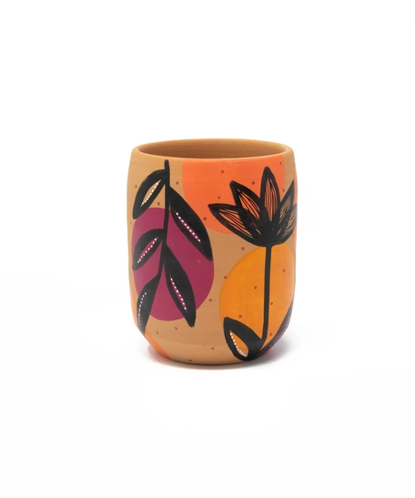 Handcrafted Pottery Cups with Attractive Earthy Tones Paintings - Available in Several Colors - Fuchsia