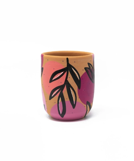 Handcrafted Pottery Cups with Attractive Earthy Tones Paintings - Available in Several Colors - Fuchsia