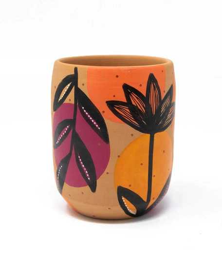 Handcrafted Pottery Cups with Attractive Earthy Tones Paintings - Available in Several Colors - Fuchsia