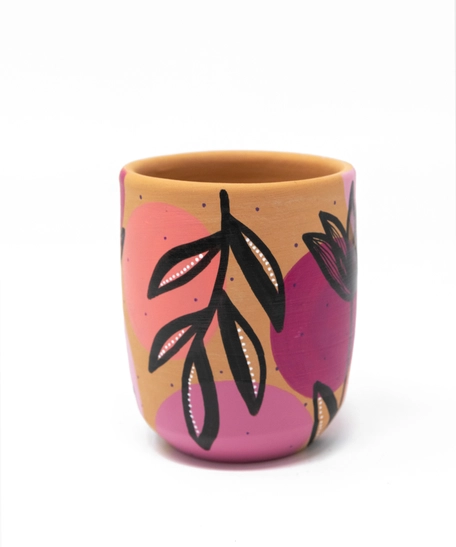 Handcrafted Pottery Cups with Attractive Earthy Tones Paintings - Available in Several Colors - Fuchsia