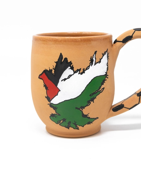 Palestine Flag Cup - Handmade of pottery - Decorated with A Keffiyeh & English Phrase Design 